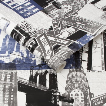 104631 PAPEL DE PAREDE IMPORTADO NEW YORK BLUE BLACK  ROLO 5MT²